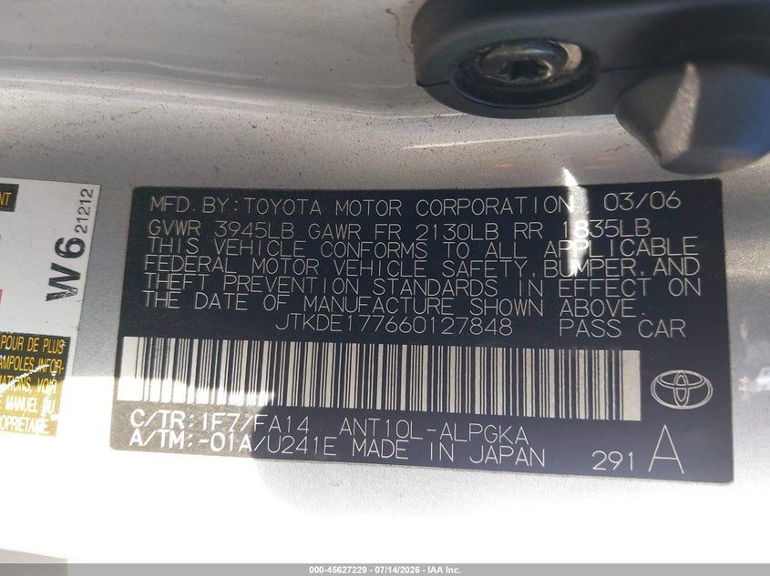 2006 Scion Tc VIN: JTKDE177660127848 Lot: 45627229