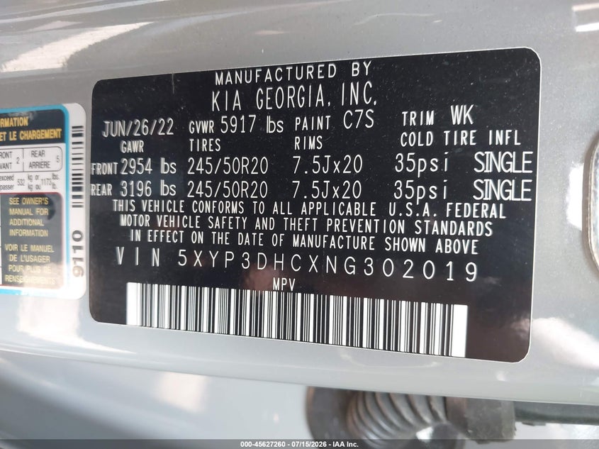2022 Kia Telluride Ex VIN: 5XYP3DHCXNG302019 Lot: 45627260