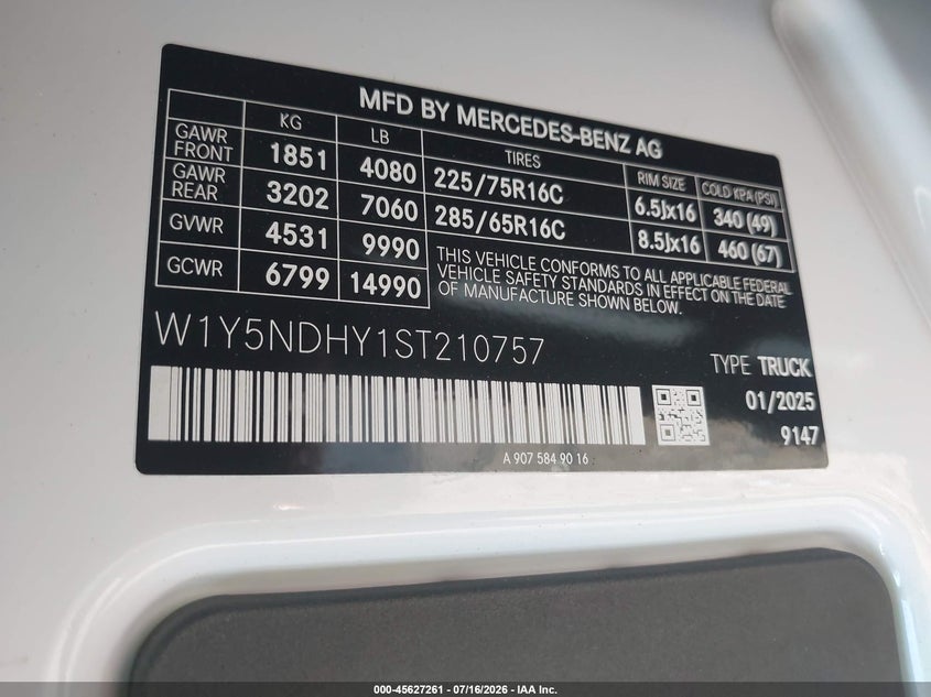 2025 Mercedes-Benz Sprinter 3500 High Roof 4-Cyl Diesel Ho VIN: W1Y5NDHY1ST210757 Lot: 45627261