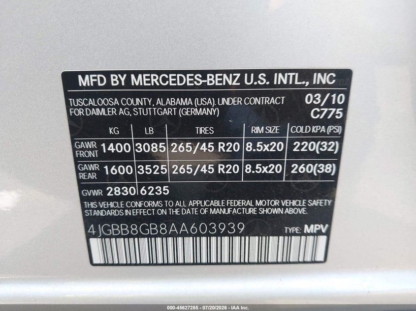 2010 Mercedes-Benz Ml 350 4Matic VIN: 4JGBB8GB8AA603939 Lot: 45627285