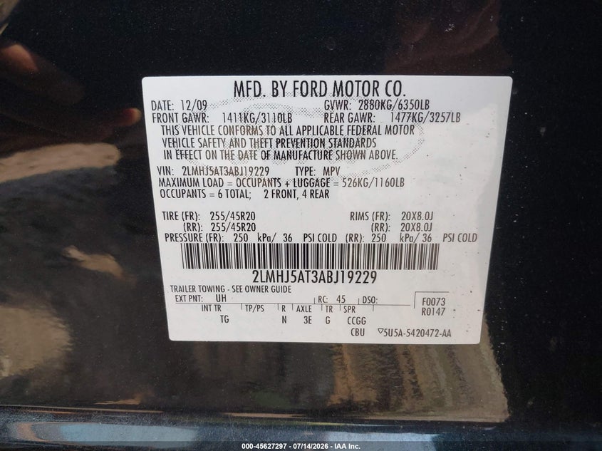 2010 Lincoln Mkt Ecoboost VIN: 2LMHJ5AT3ABJ19229 Lot: 45627297