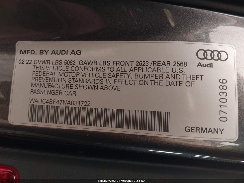 2022 Audi S4 Prestige Tfsi Quattro Tiptronic VIN: WAUC4BF47NA031722 Lot: 45627350