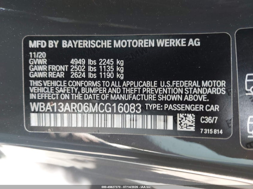 2021 BMW M440I xDrive VIN: WBA13AR06MCG16083 Lot: 45627370