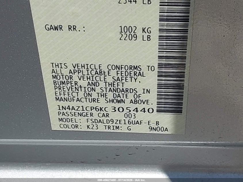 2019 Nissan Leaf Sv VIN: 1N4AZ1CP6KC305440 Lot: 45627400