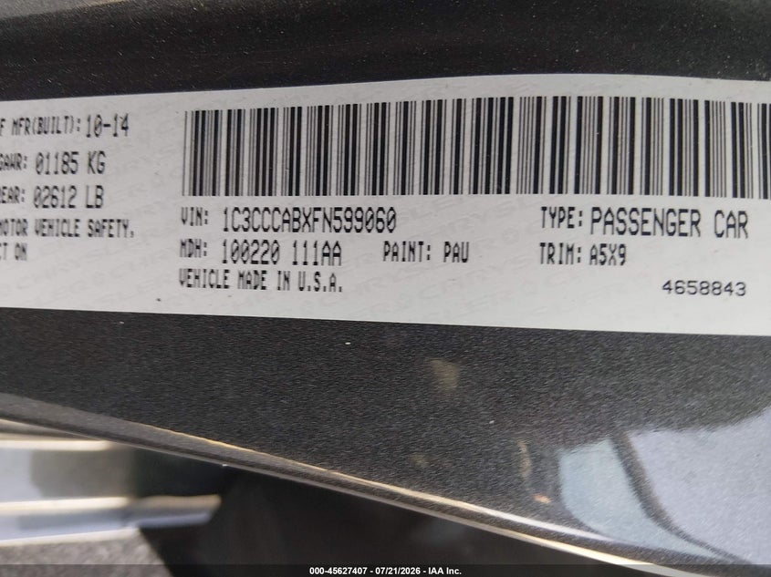 2015 Chrysler 200 Limited VIN: 1C3CCCABXFN599060 Lot: 45627407