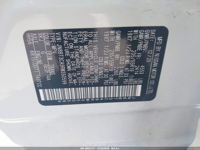 2024 Nissan Rogue Sl Fwd VIN: JN8BT3CA9RW350599 Lot: 45627417