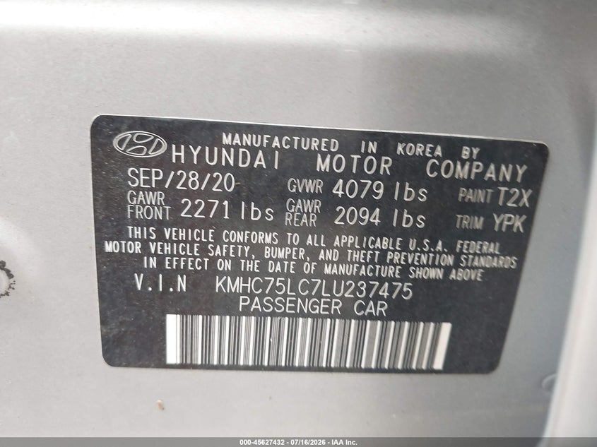 2020 Hyundai Ioniq Hybrid Se VIN: KMHC75LC7LU237475 Lot: 45627432