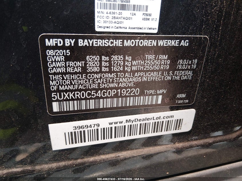 2016 BMW X5 xDrive35I VIN: 5UXKR0C54G0P19220 Lot: 45627433
