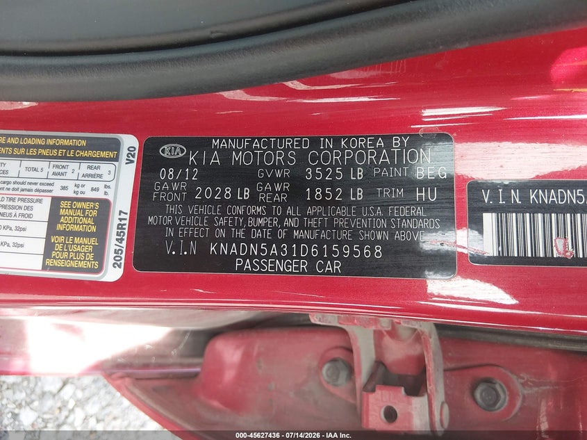 2013 Kia Rio Sx VIN: KNADN5A31D6159568 Lot: 45627436