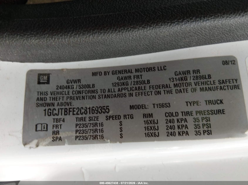 2012 Chevrolet Colorado Work Truck VIN: 1GCJTBFE2C8169355 Lot: 45627438