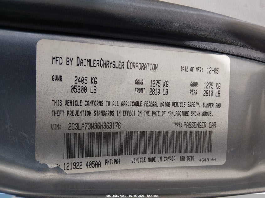 2006 Chrysler 300C Srt8 VIN: 2C3LA73W36H363176 Lot: 45627442