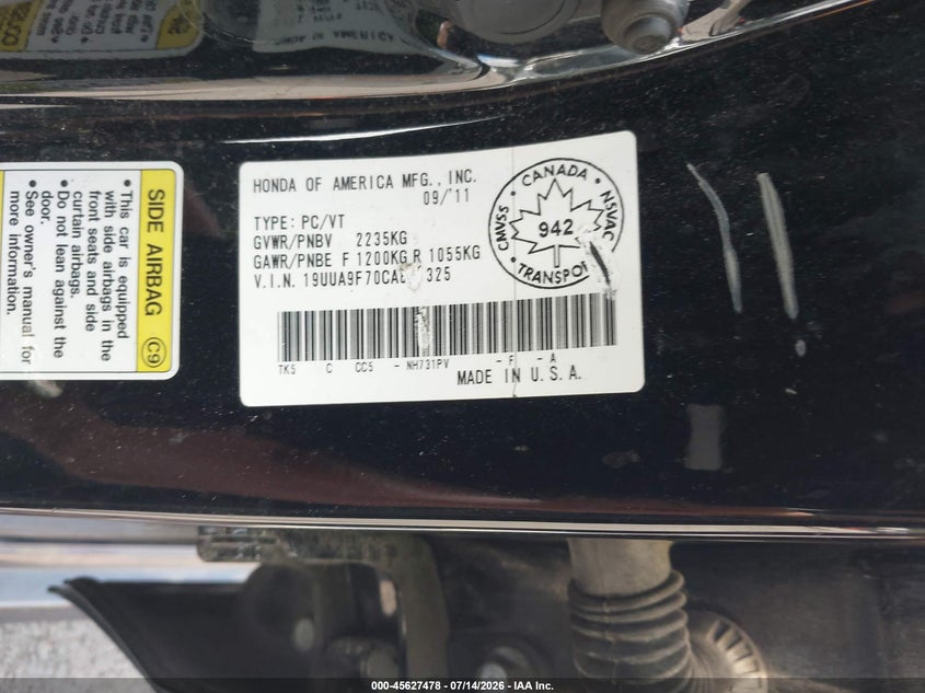 2012 Acura Tl 3.7 VIN: 19UUA9F70CA801325 Lot: 45627478