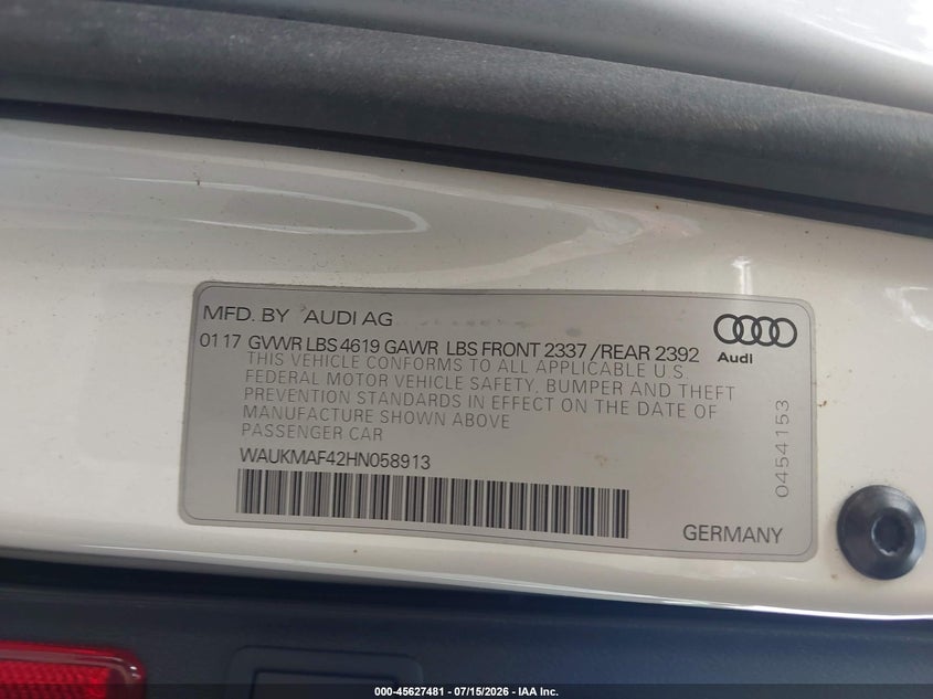 2017 Audi A4 Season Of Audi Ultra Premium VIN: WAUKMAF42HN058913 Lot: 45627481