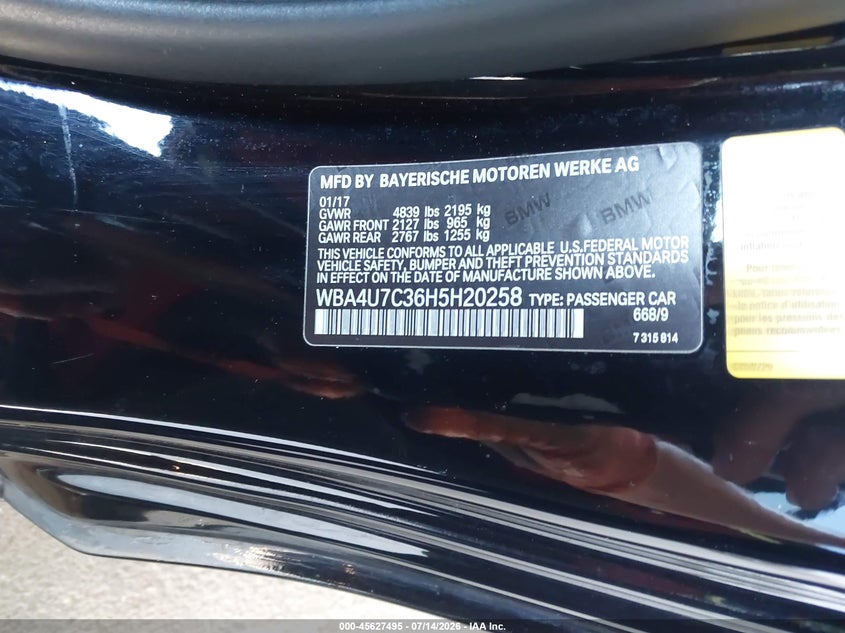 2017 BMW 430I VIN: WBA4U7C36H5H20258 Lot: 45627495
