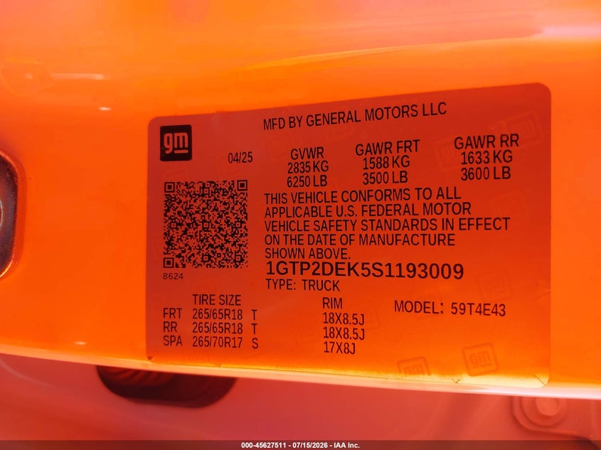 2025 GMC Canyon 4Wd At4 VIN: 1GTP2DEK5S1193009 Lot: 45627511