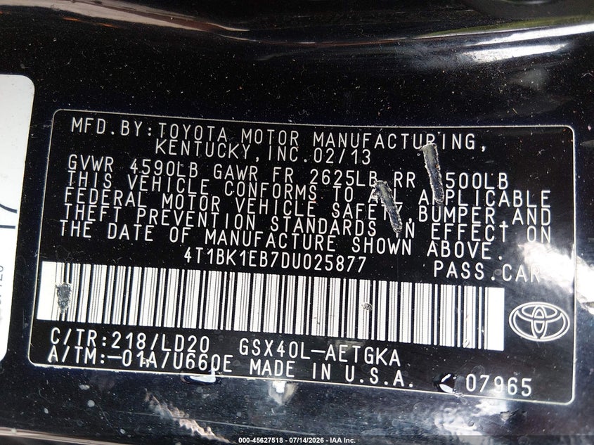 2013 Toyota Avalon Xle VIN: 4T1BK1EB7DU025877 Lot: 45627518