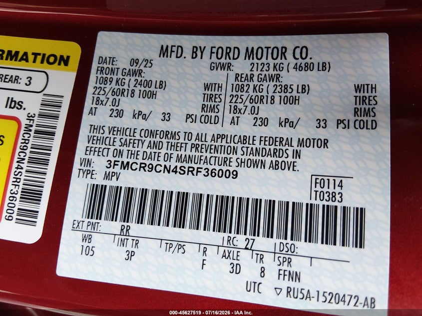 2025 Ford Bronco Sport Outer Banks VIN: 3FMCR9CN4SRF36009 Lot: 45627519