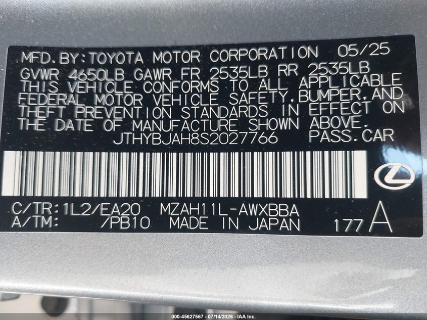 2025 Lexus Ux 300H VIN: JTHYBJAH8S2027766 Lot: 45627567