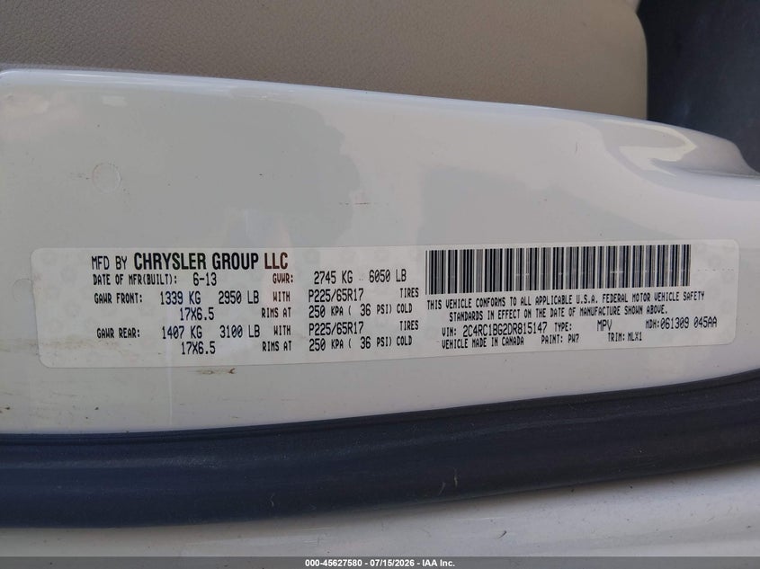 2013 Chrysler Town & Country Touring VIN: 2C4RC1BG2DR815147 Lot: 45627580