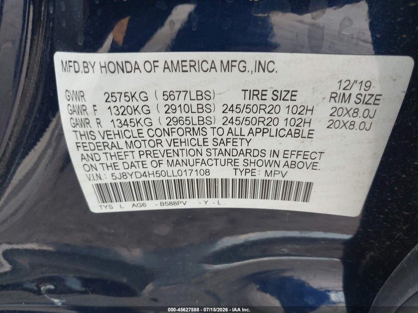2020 Acura Mdx Technology Package VIN: 5J8YD4H50LL017108 Lot: 45627588