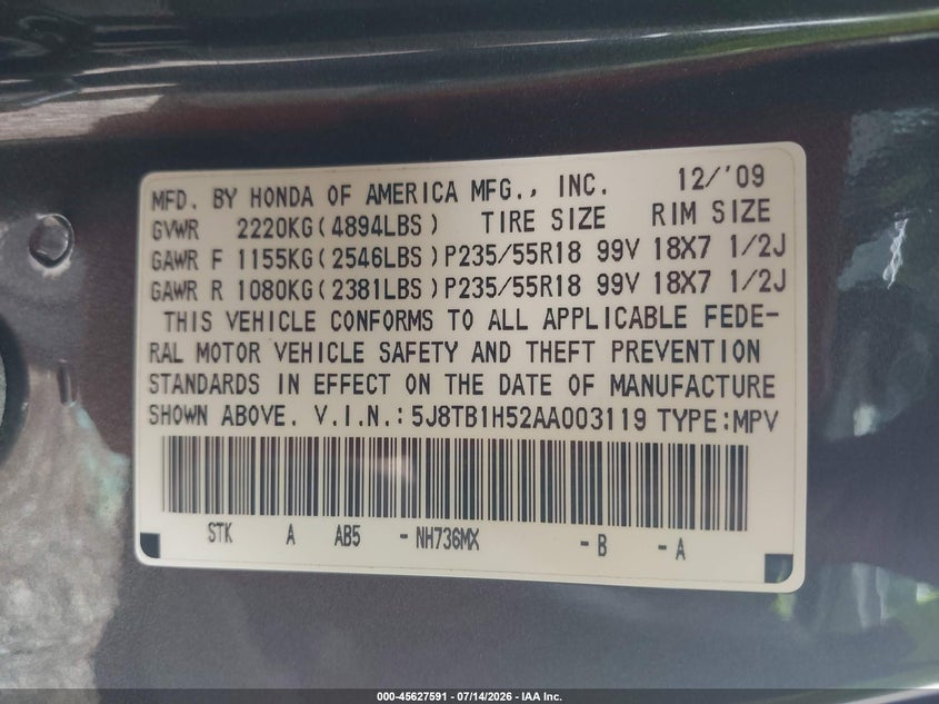 2010 Acura Rdx VIN: 5J8TB1H52AA003119 Lot: 45627591