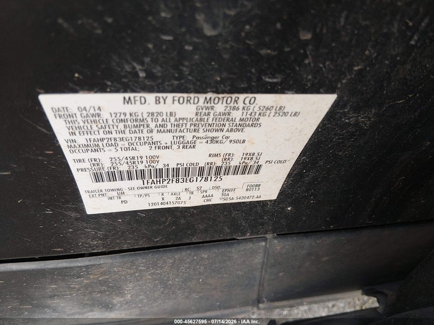 2014 Ford Taurus Limited VIN: 1FAHP2F83EG178125 Lot: 45627595