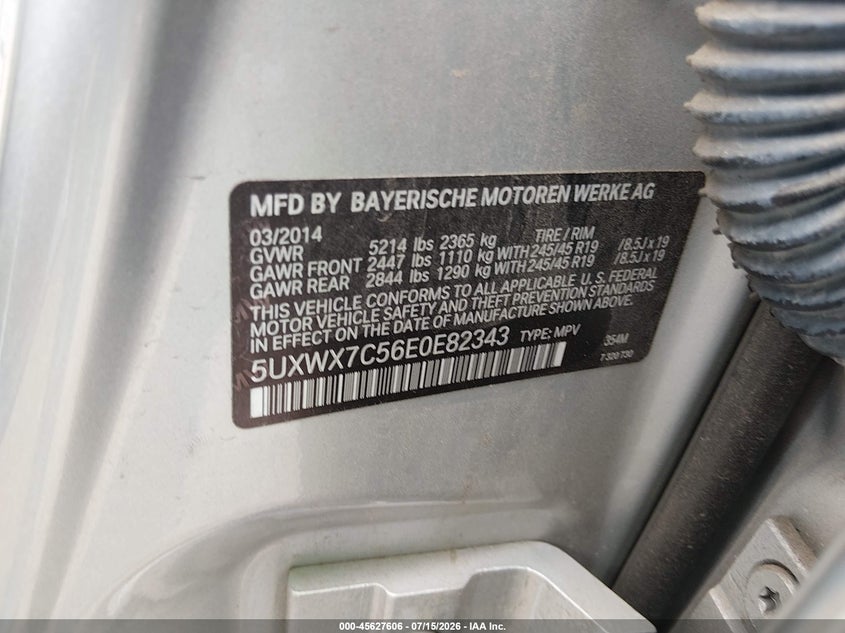2014 BMW X3 xDrive35I VIN: 5UXWX7C56E0E82343 Lot: 45627606
