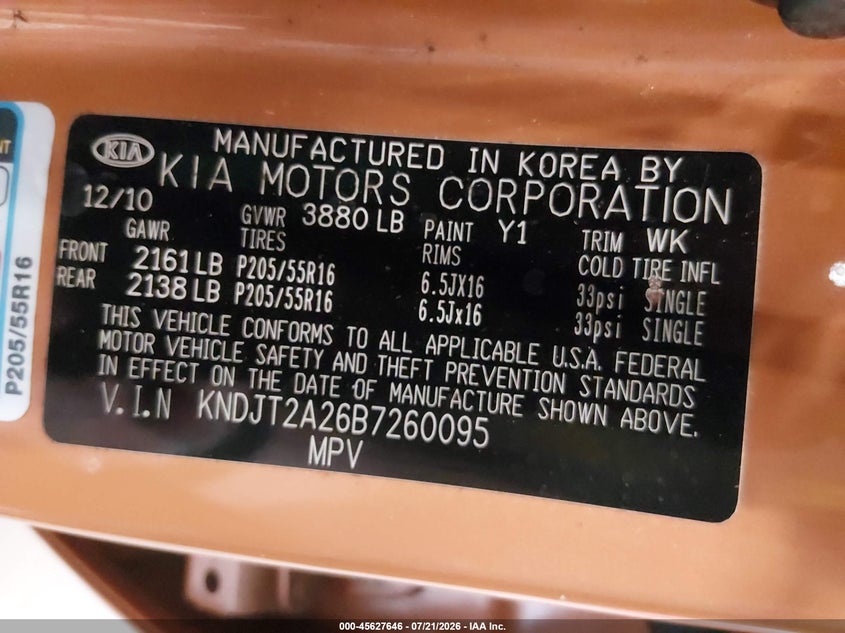 2011 Kia Soul + VIN: KNDJT2A26B7260095 Lot: 45627646