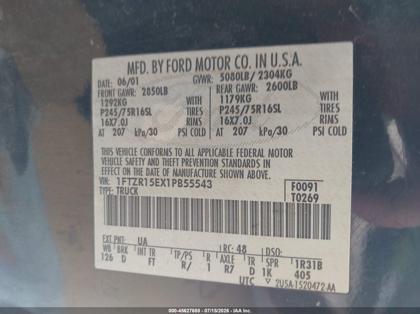 2001 Ford Ranger Edge/Xlt VIN: 1FTZR15EX1PB55543 Lot: 45627688