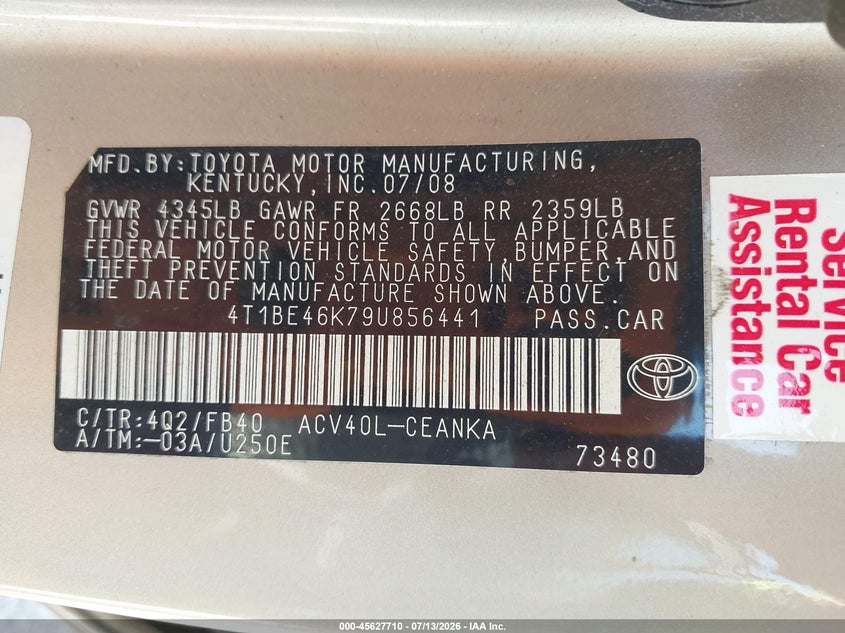 2009 Toyota Camry Le VIN: 4T1BE46K79U856441 Lot: 45627710