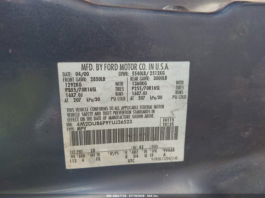 2000 Mercury Mountaineer VIN: 4M2DU86P9YUJ36523 Lot: 45627728