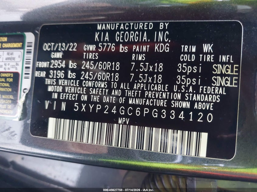 2023 Kia Telluride Lx VIN: 5XYP24GC6PG334120 Lot: 45627758