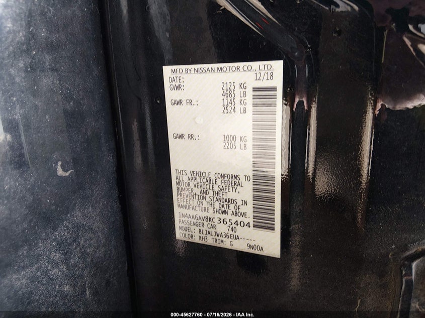 2019 Nissan Maxima 3.5 Sv VIN: 1N4AA6AV8KC365404 Lot: 45627760