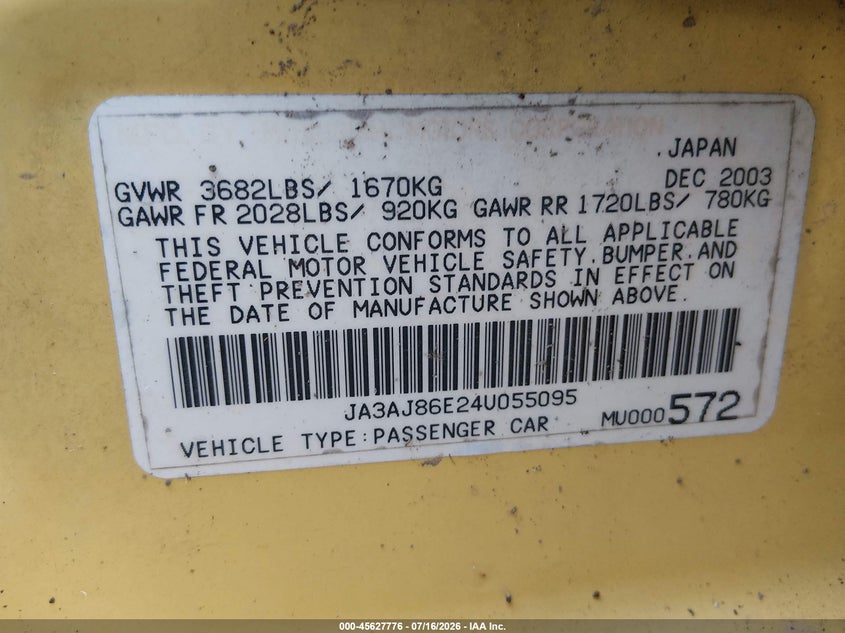2004 Mitsubishi Lancer Oz Rally VIN: JA3AJ86E24U055095 Lot: 45627776