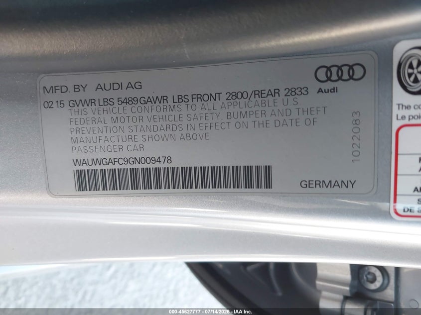 2016 Audi A7 3.0 Premium Plus VIN: WAUWGAFC9GN009478 Lot: 45627777