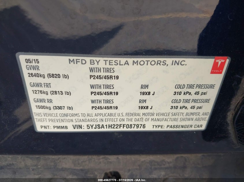2015 Tesla Model S 70D/85D/P85D VIN: 5YJSA1H22FF087976 Lot: 45627778
