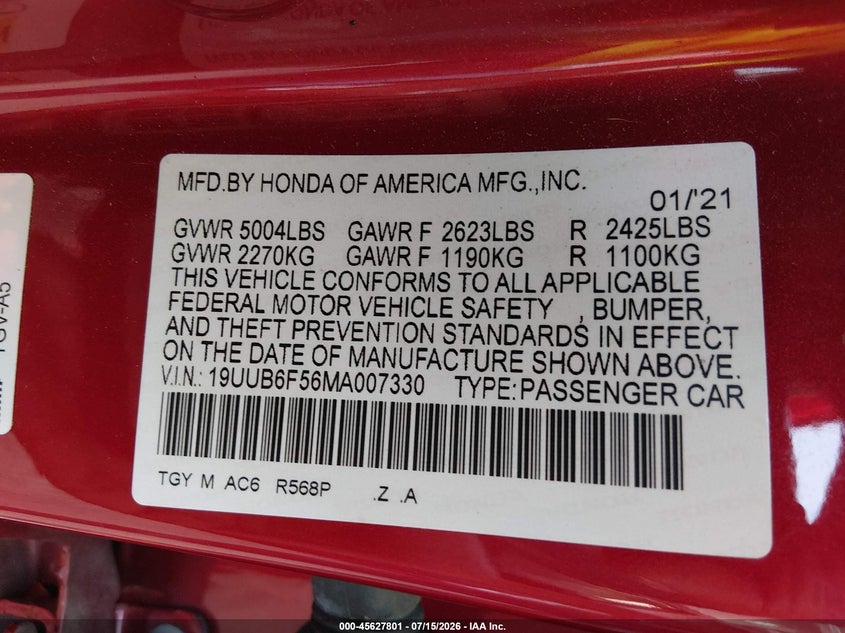 2021 Acura Tlx A-Spec Package VIN: 19UUB6F56MA007330 Lot: 45627801