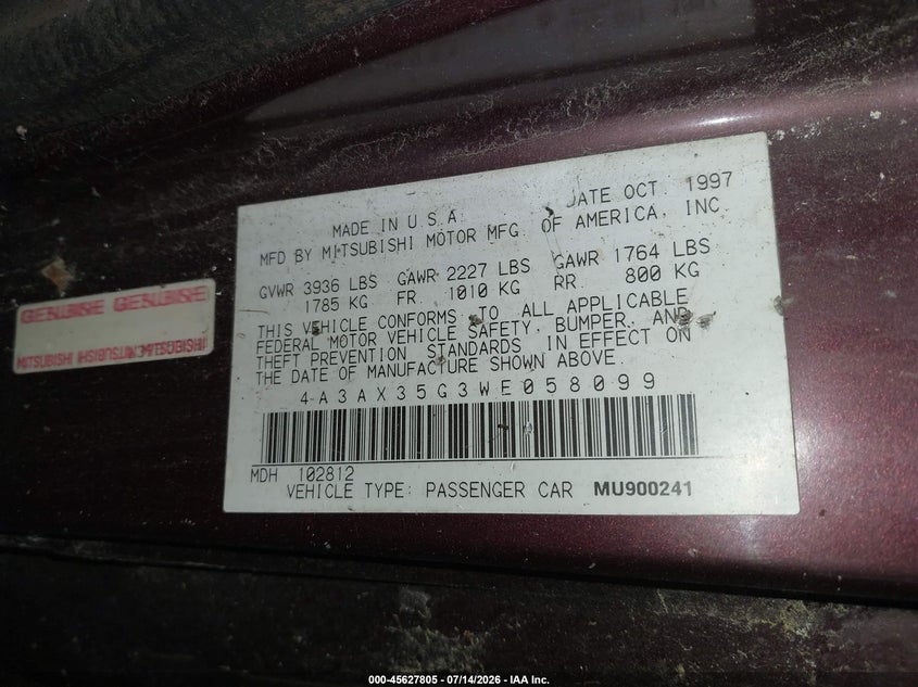 1998 Mitsubishi Eclipse Spyder Gs VIN: 4A3AX35G3WE058099 Lot: 45627805