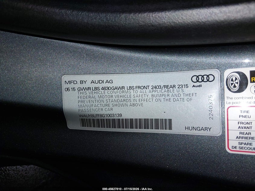 2016 Audi A3 Premium Plus S-Line VIN: WAUY8LFF8G1003139 Lot: 45627810