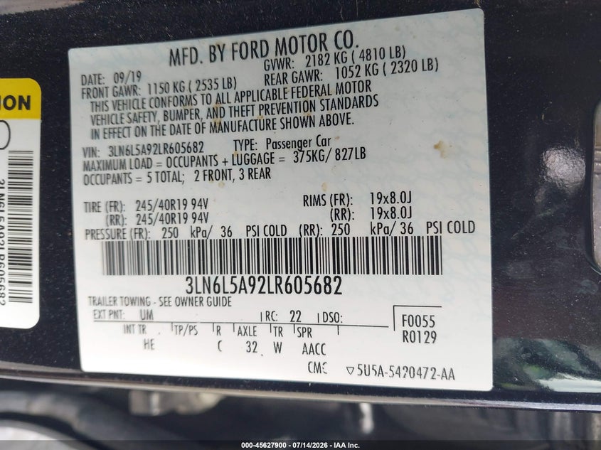2020 Lincoln Mkz Standard VIN: 3LN6L5A92LR605682 Lot: 45627900