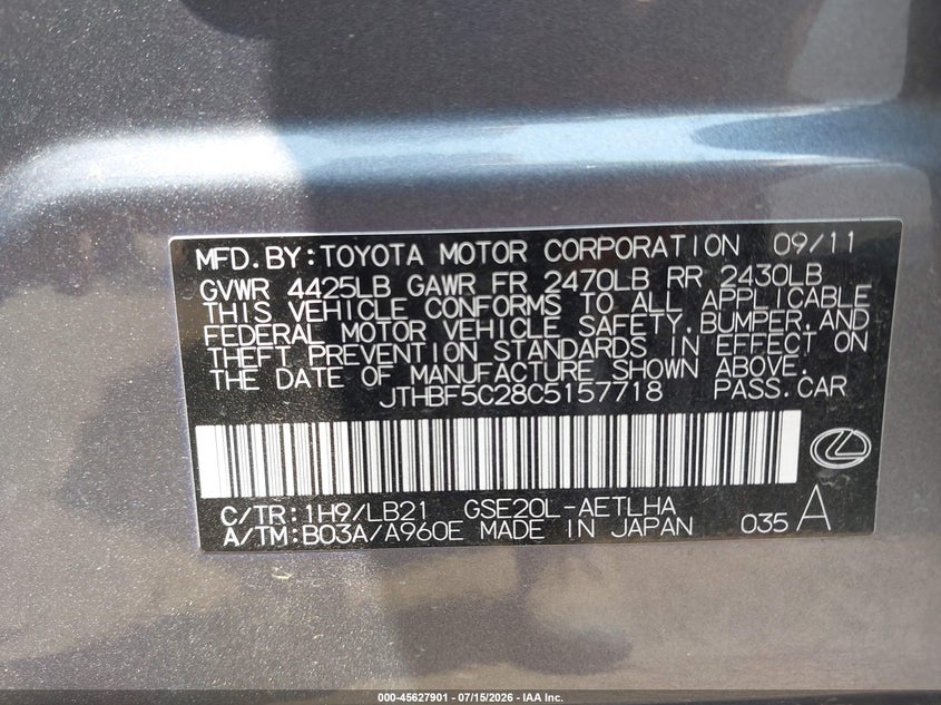 2012 Lexus Is 250 VIN: JTHBF5C28C5157718 Lot: 45627901