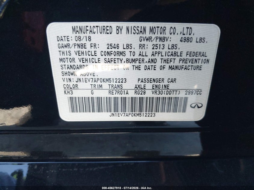2019 Infiniti Q50 3.0T Sport VIN: JN1EV7AP0KM512223 Lot: 45627918