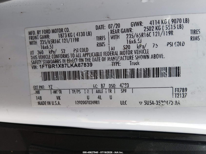 2020 Ford Transit-250 VIN: 1FTBR1X87LKA87839 Lot: 45627940