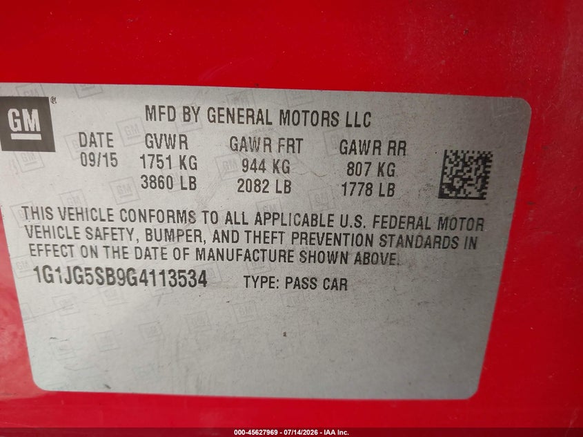 2016 Chevrolet Sonic Rs Auto VIN: 1G1JG5SB9G4113534 Lot: 45627969