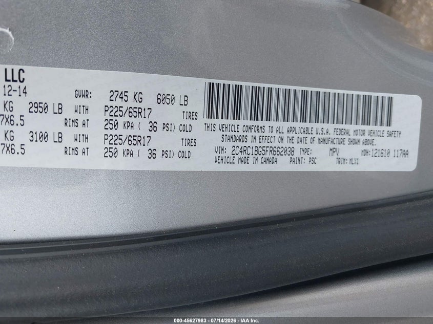 2015 Chrysler Town & Country Touring VIN: 2C4RC1BG5FR662038 Lot: 45627983