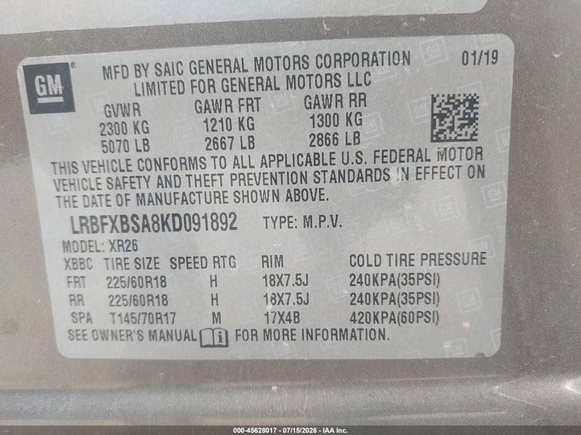 2019 Buick Envision Fwd Preferred VIN: LRBFXBSA8KD091892 Lot: 45628017
