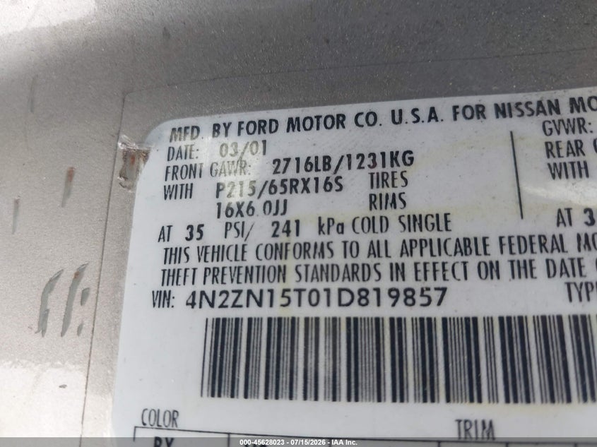 2001 Nissan Quest Gxe VIN: 4N2ZN15T01D819857 Lot: 45628023