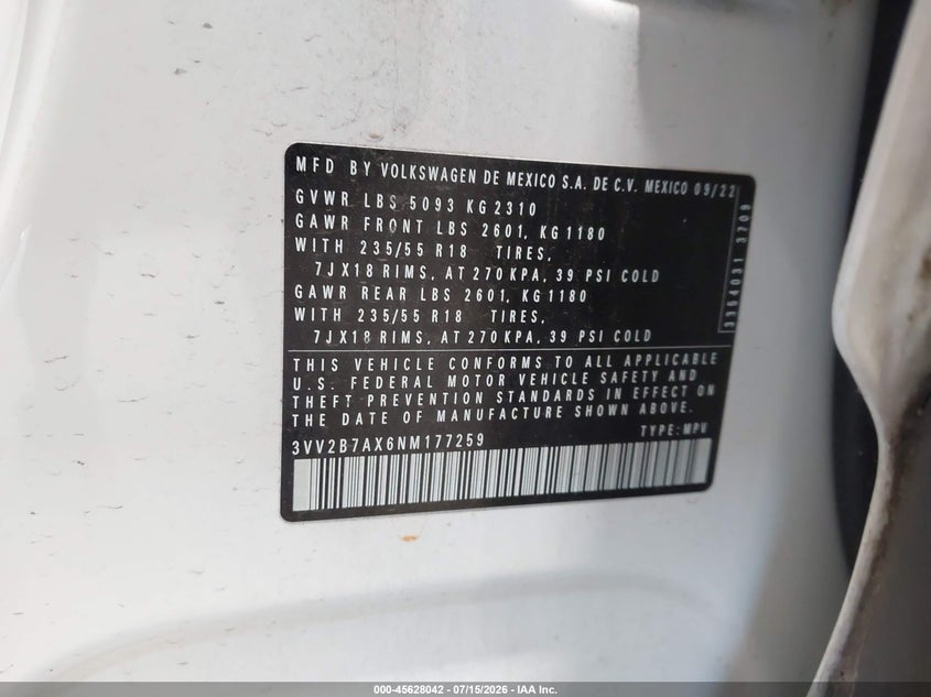2022 Volkswagen Tiguan 2.0T Se VIN: 3VV2B7AX6NM177259 Lot: 45628042