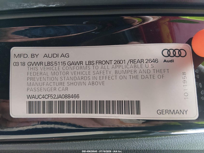 2018 Audi S5 3.0T Premium Plus VIN: WAUC4CF52JA088466 Lot: 45628045