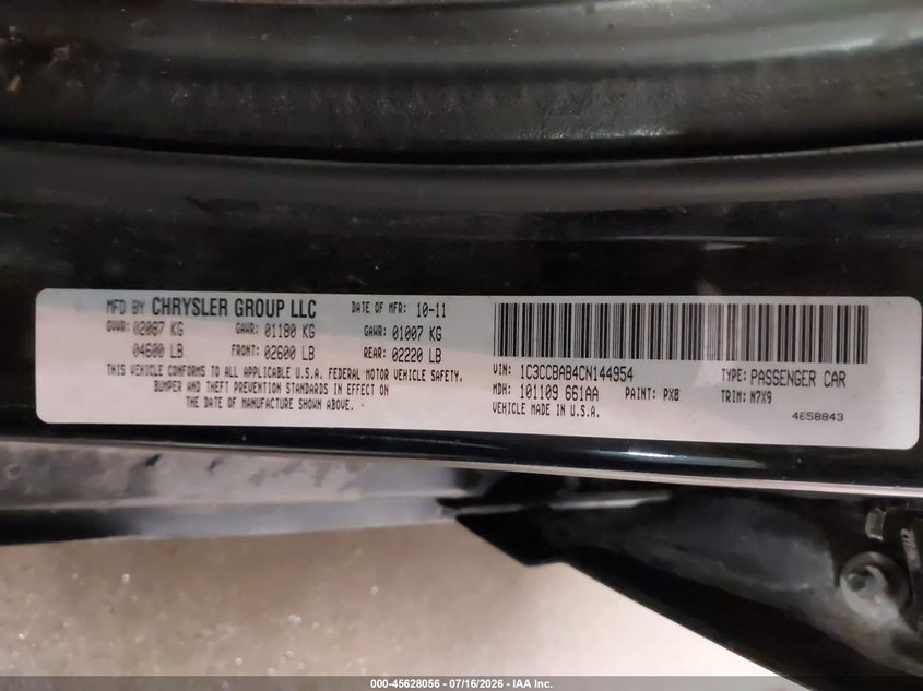 2012 Chrysler 200 Lx VIN: 1C3CCBAB4CN144954 Lot: 45628056